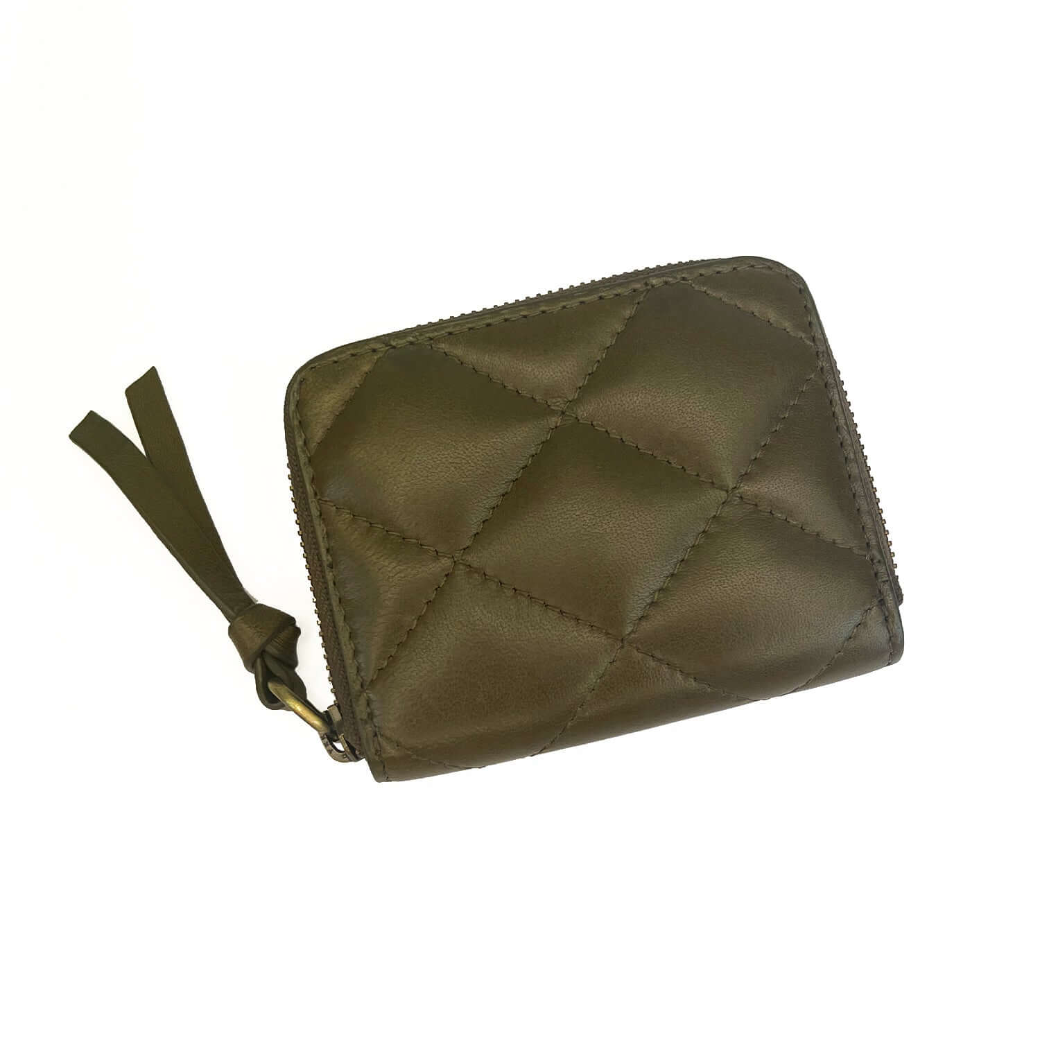 Mid-sized olive green diamond-quilted chrome-free sheep leather wallet