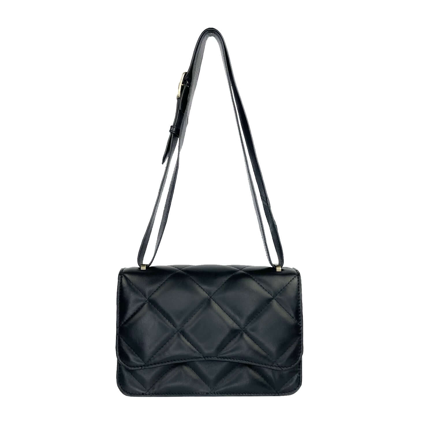 Asta diamond quilted compartment crossbody bag in black chrome-free sheep leather.