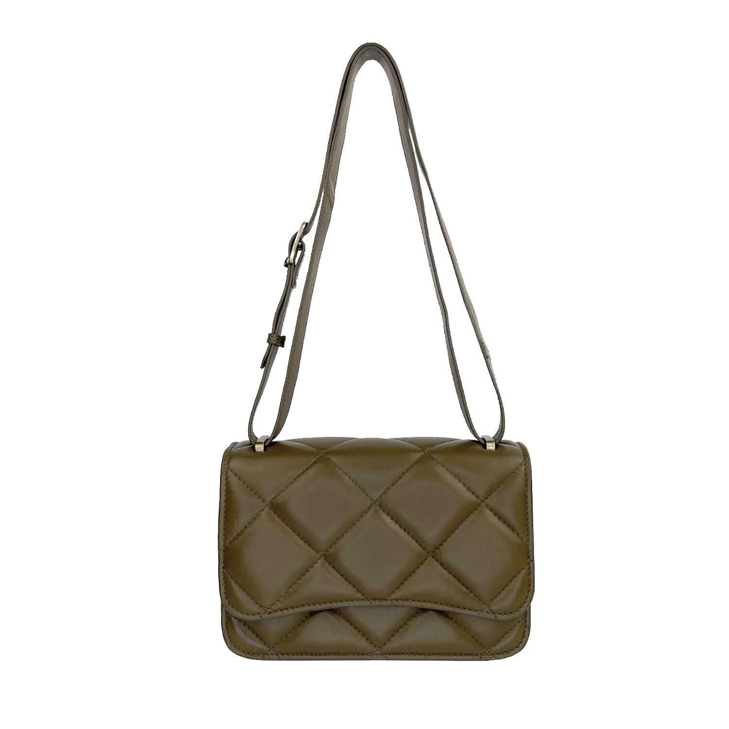 Asta diamond quilted compartment shoulder bag in olive green chrome-free sheep leather.